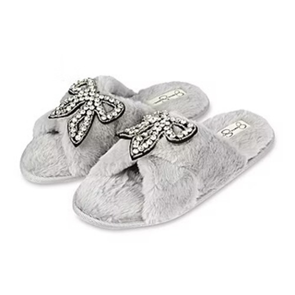 Jessica Simpson Womens Grey Faux Fur Rhinestone Bow Slippers Memory Foam L 8-9